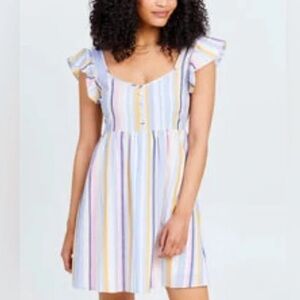 Altar’d State Pastel Striped Flutter Sleeve Mini Dress
Size: Medium